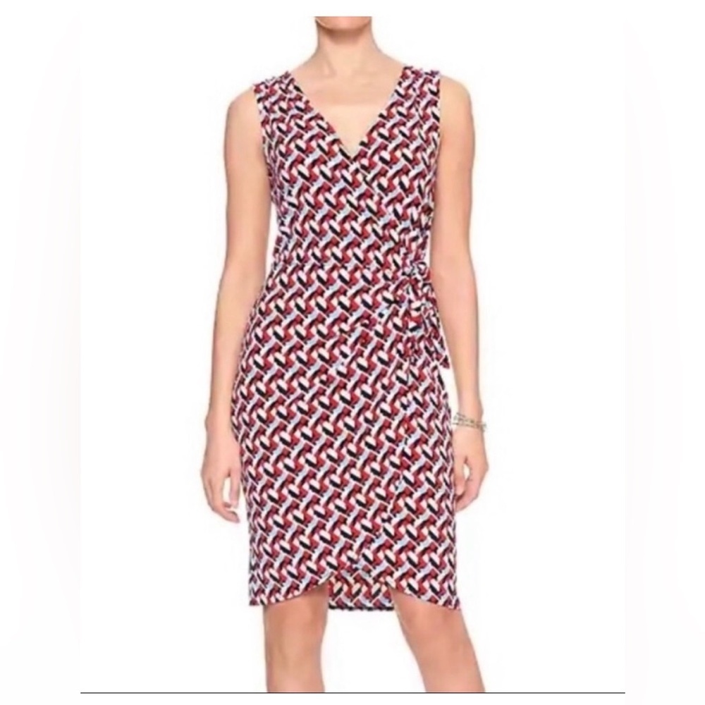 Banana Republic Red and White Geometric Midi Side Tie Dress Size S